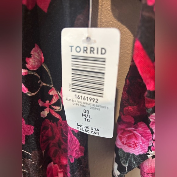 TORRID Spring Floral Black + Pink Dress V Neck and Quarter Sleeves M/L 10 00 NWT - Picture 12 of 14